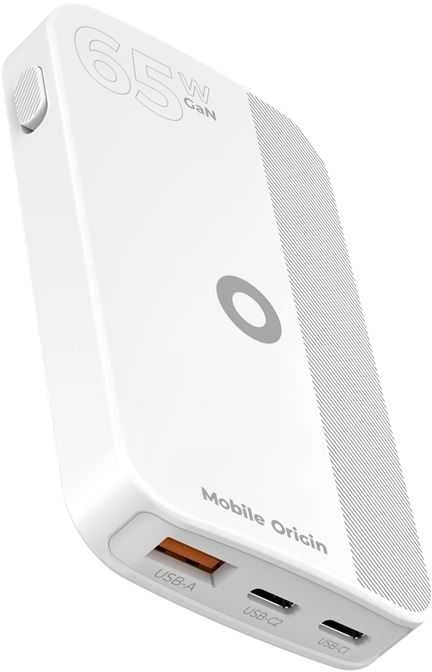 Mobile Origin 65W GaN III plonas įkroviklis su dviguba USB-C jungtimi, vieno USB-A jungtimi, baltas