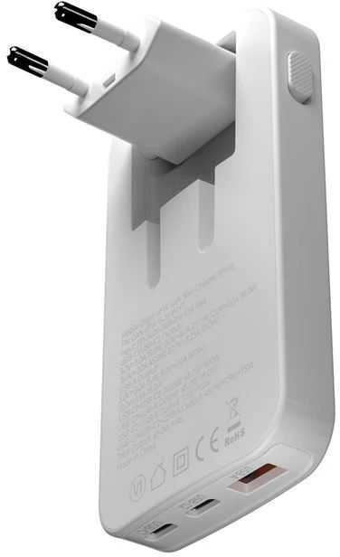 Mobile Origin 65W GaN III plonas įkroviklis su dviguba USB-C jungtimi, vieno USB-A jungtimi, baltas