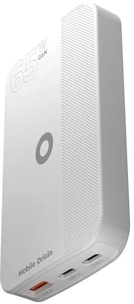 Mobile Origin 65W GaN III plonas įkroviklis su dviguba USB-C jungtimi, vieno USB-A jungtimi, baltas