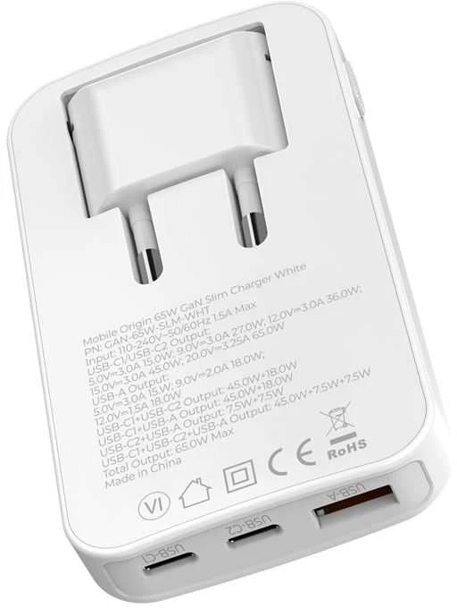 Mobile Origin 65W GaN III plonas įkroviklis su dviguba USB-C jungtimi, vieno USB-A jungtimi, baltas