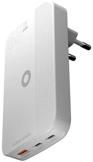 Mobile Origin 65W GaN III plonas įkroviklis su dviguba USB-C jungtimi, vieno USB-A jungtimi, baltas