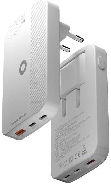 Mobile Origin 65W GaN III plonas įkroviklis su dviguba USB-C jungtimi, vieno USB-A jungtimi, baltas