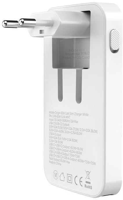 Mobile Origin 65W GaN III plonas įkroviklis su dviguba USB-C jungtimi, vieno USB-A jungtimi, baltas