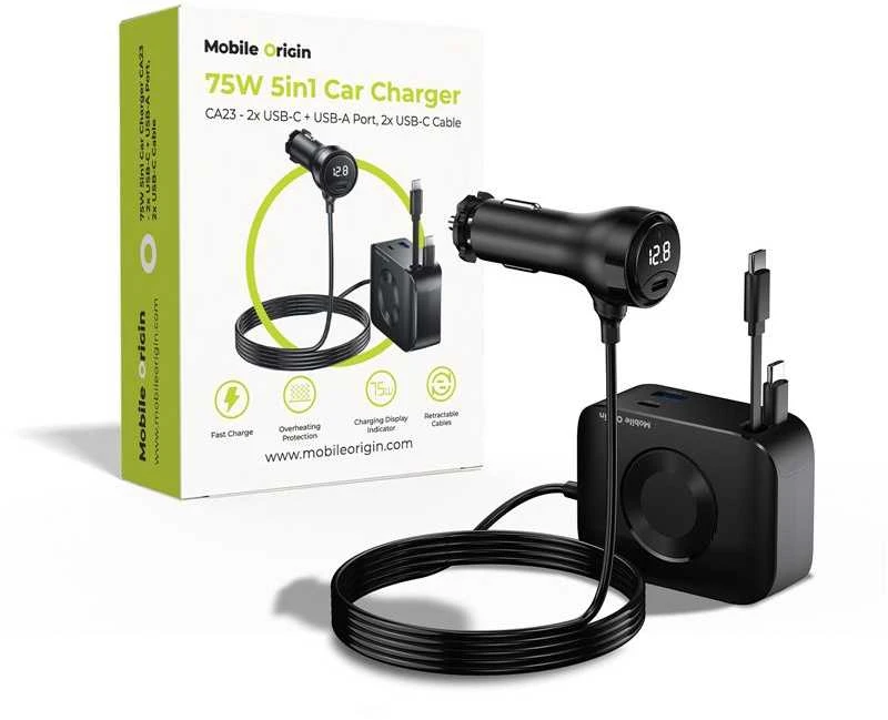 Įkroviklis Mobile Origin 75W 5in1 automobilinis įkroviklis CA23 - 2x USB-C + USB-A prievadai, 2x USB-C laidai