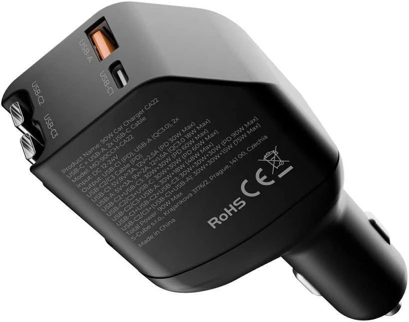 Mobile Origin 90 W automobilinis įkroviklis CA22 - USB-C + USB-A, 2x USB-C laidai