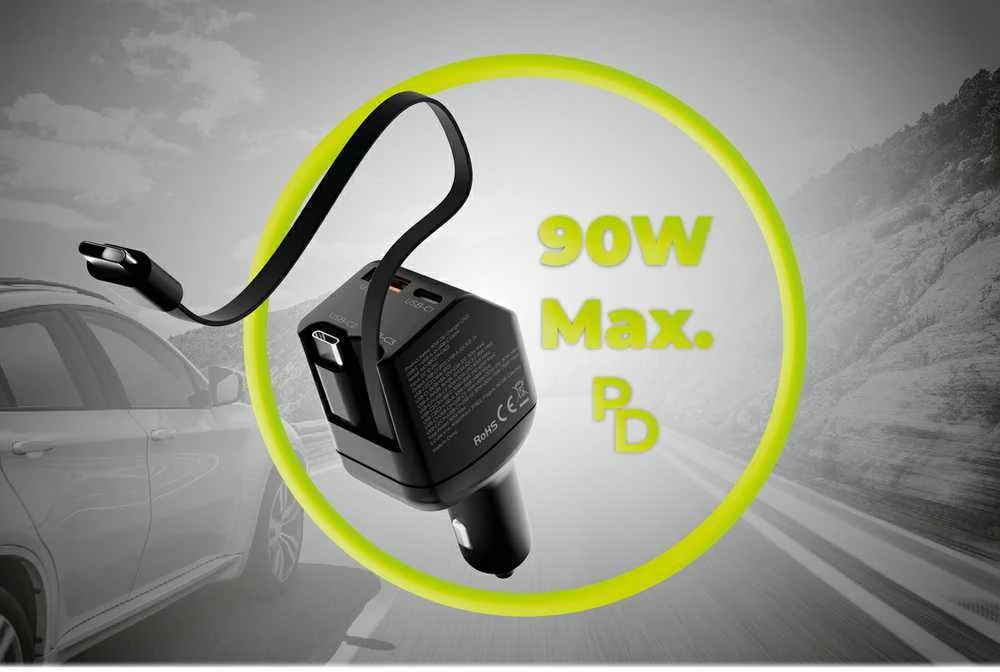 Mobile Origin 90 W automobilinis įkroviklis CA22 - USB-C + USB-A, 2x USB-C laidai