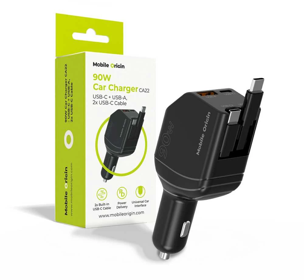 Mobile Origin 90 W automobilinis įkroviklis CA22 - USB-C + USB-A, 2x USB-C laidai