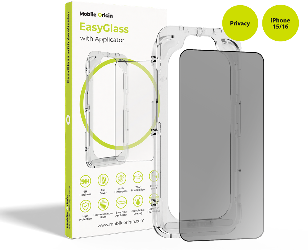 Mobile Origin EasyGlass Privacy su aplikatoriumi iPhone 15/iPhone 16