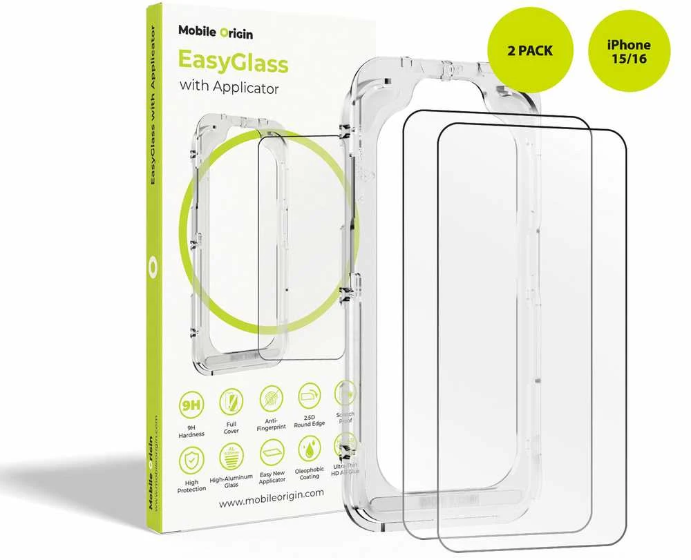 Mobile Origin EasyGlass su aplikatoriumi iPhone 15/16, 2 vnt. pakuotė