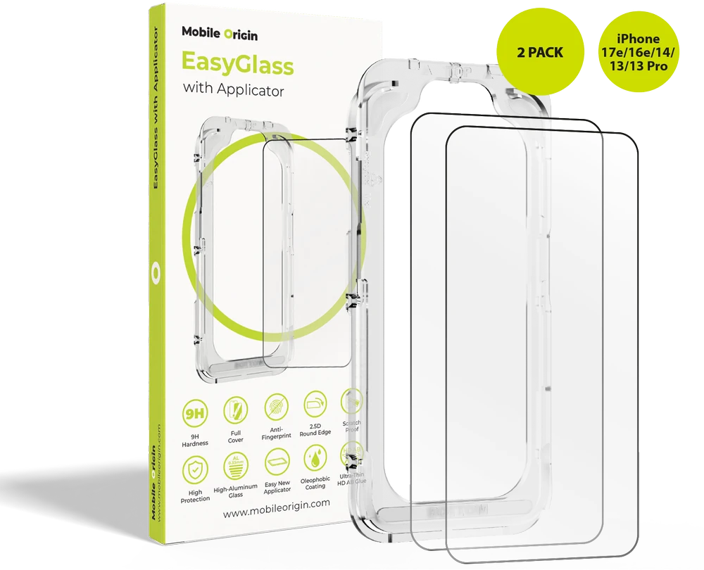 Alza Mobile Origin EasyGlass su aplikatoriumi iPhone 17e/16e/14/13/13 Pro, 2 vnt. pakuotė