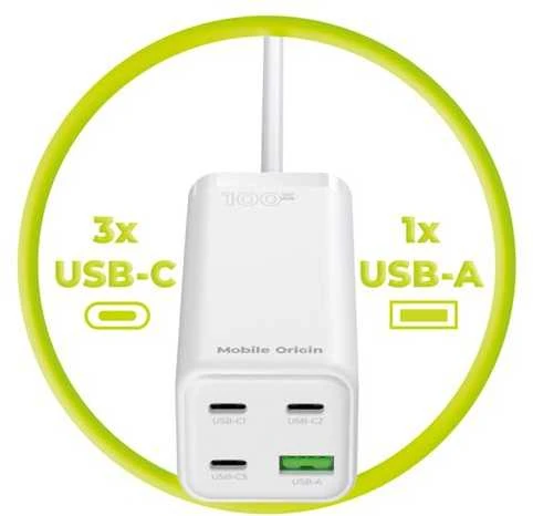 „Mobile Origin GaN“ 100 W kompaktiškas „MultiHub“ įkroviklis PW18 su 3 USB-C + USB-A jungtimis