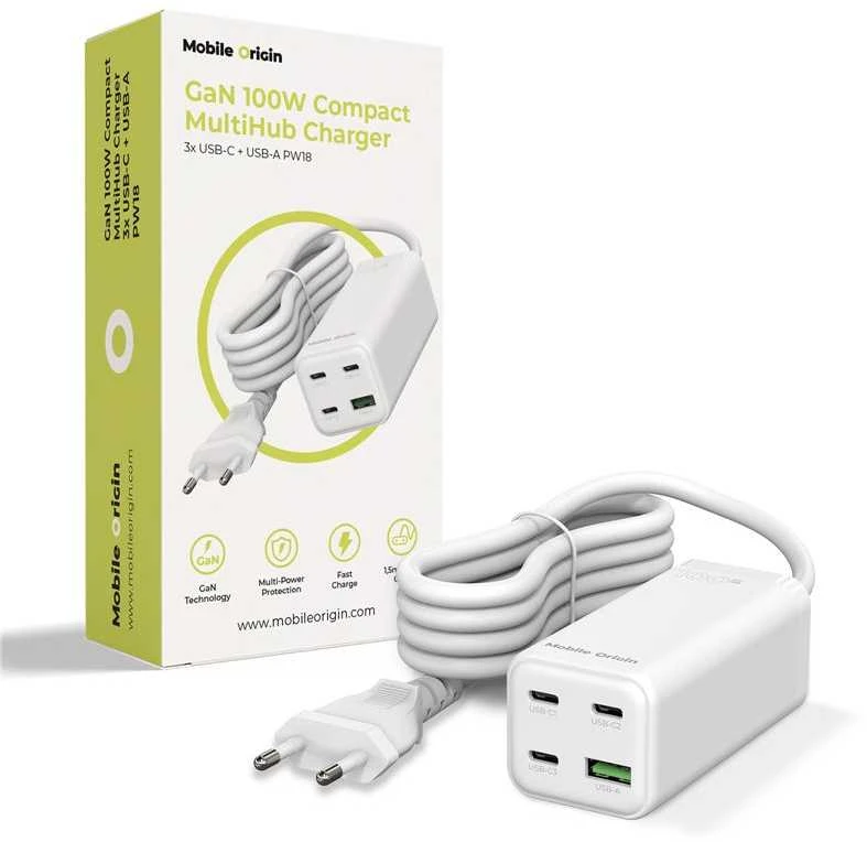 „Mobile Origin GaN“ 100 W kompaktiškas „MultiHub“ įkroviklis PW18 su 3 USB-C + USB-A jungtimis