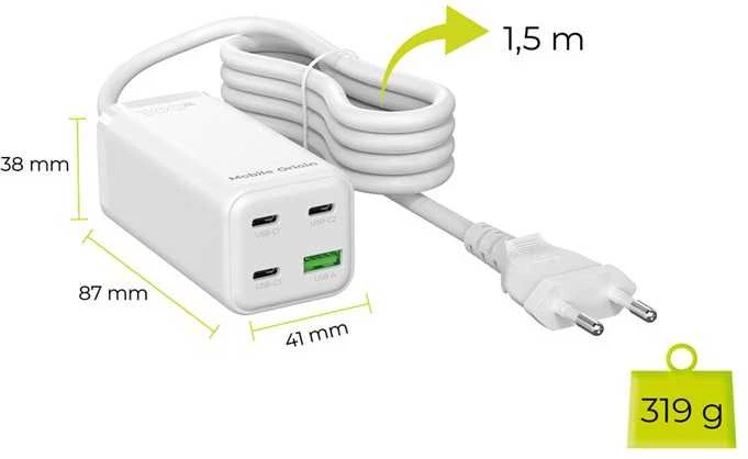 „Mobile Origin GaN“ 100 W kompaktiškas „MultiHub“ įkroviklis PW18 su 3 USB-C + USB-A jungtimis