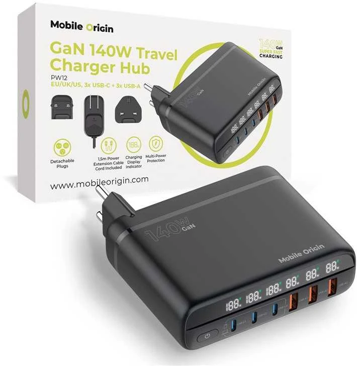 Mobile Origin GaN 140W kelioninis įkroviklis PW12 ES/JK/JAV, 3x USB-C + 3x USB-A
