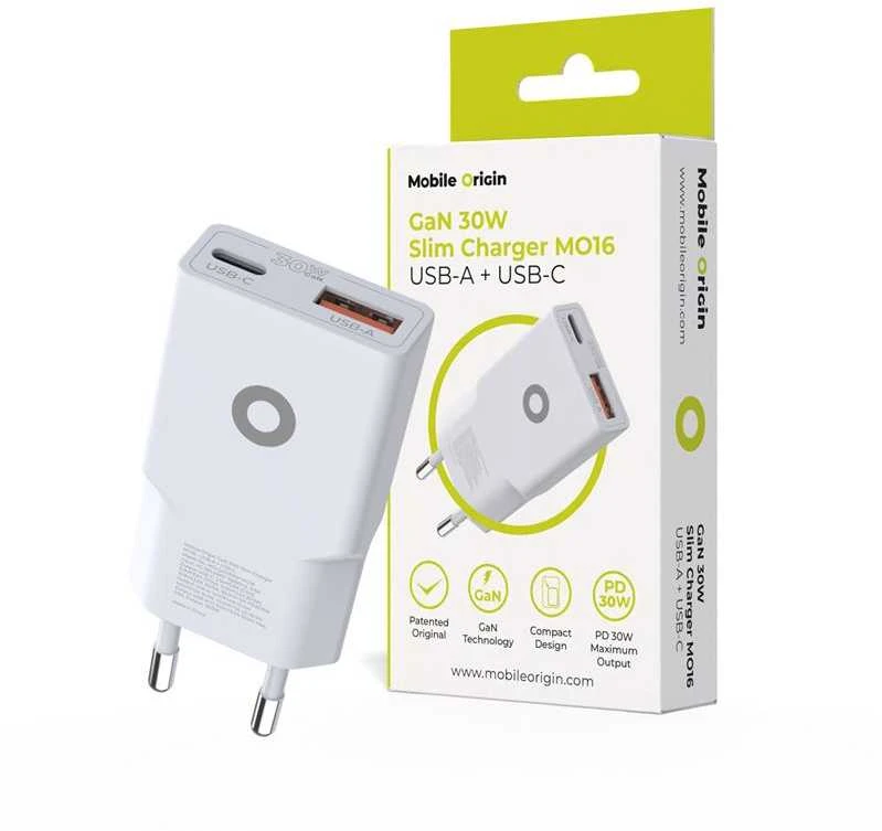 Įkroviklis Mobile Origin GaN 30W Slim Charger TÃœV MO16 - USB-A + USB-C