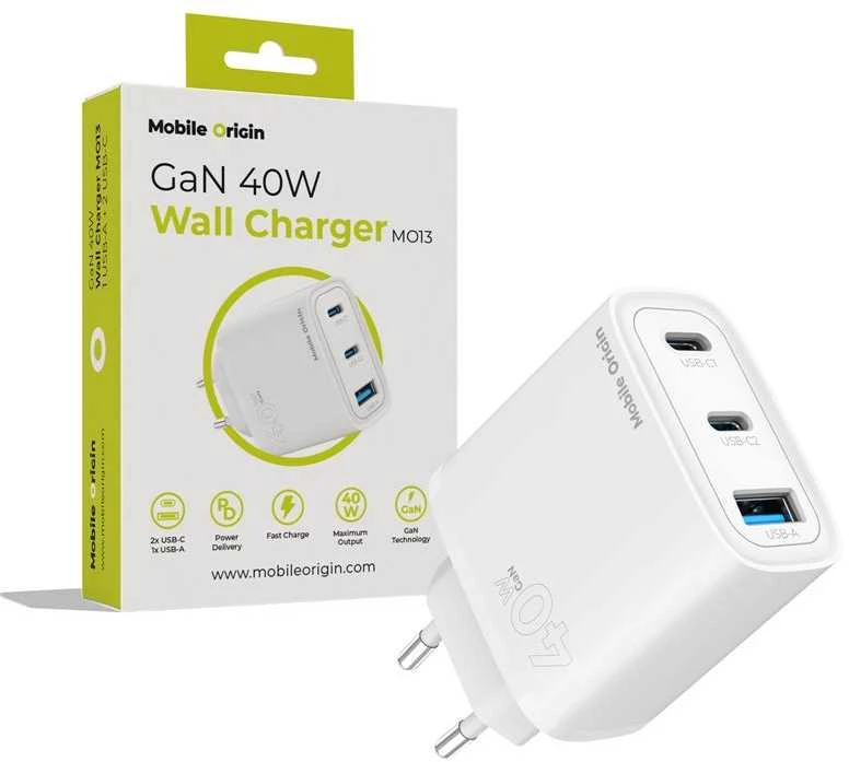 Mobile Origin GaN 40W sieninis įkroviklis MO13, 1 USB-A + 2 USB-C