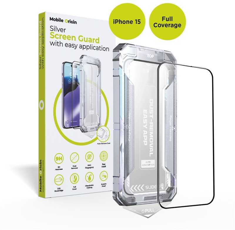 Mobile Origin Geltona iPhone 15 ekrano apsauga, lengvai uždedama