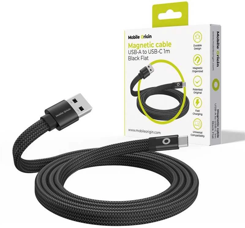 Mobile Origin Plokščias magnetinis patentuotas originalus USB-A į USB-C laidas, 1 m, juodas