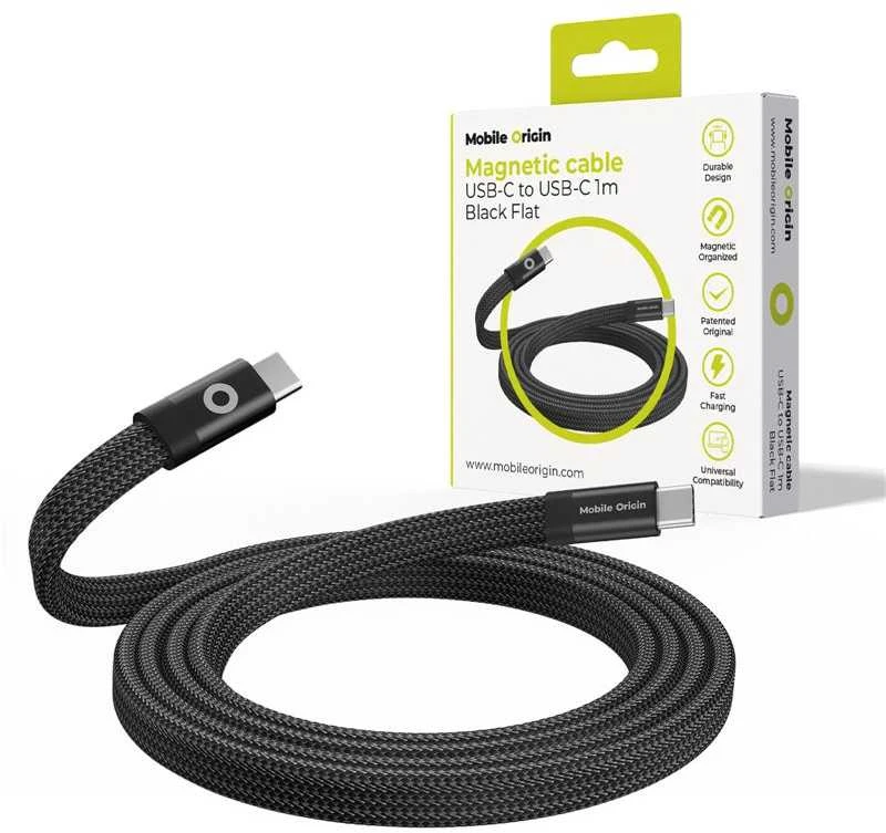 Mobile Origin Magnetinis plokščias patentuotas originalus USB-C į USB-C kabelis, 1 m, juodas
