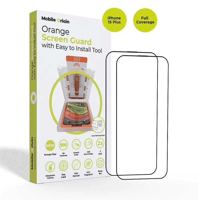 Mobile Origin Oranžinė ekrano apsauga iPhone 15 Plus su lengvu aplikatoriumi, 2 vnt.