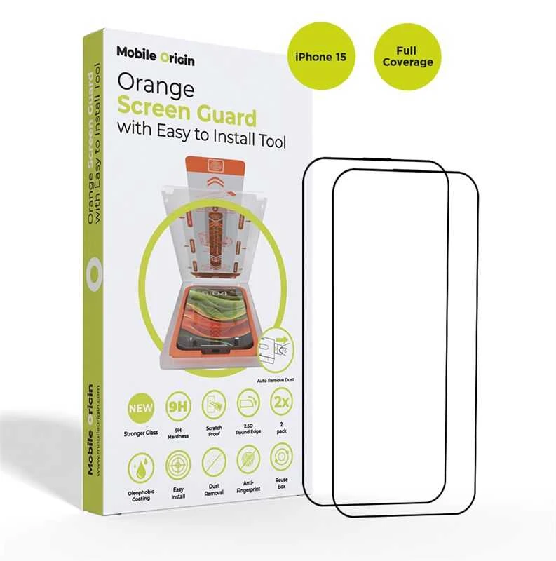 Mobile Origin Oranžinė ekrano apsauga iPhone 15 su paprastu aplikatoriumi, 2 vnt.