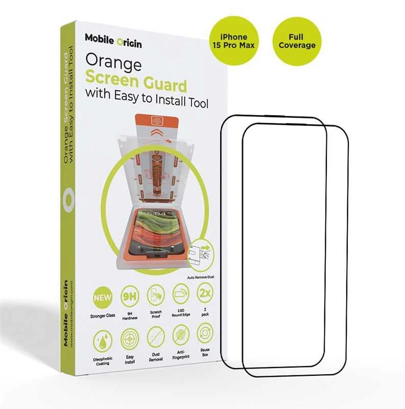 Mobile Origin Oranžinė ekrano apsauga iPhone 15 Pro Max su lengvu aplikatoriumi, 2 vnt.
