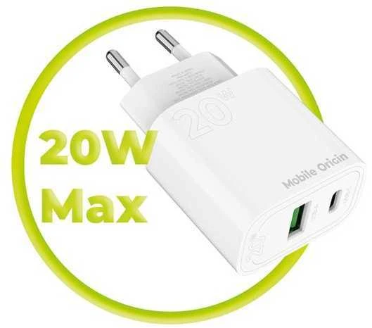 Mobile Origin PD20W sieninis įkroviklis MO12, 1 USB-A + 1 USB-C
