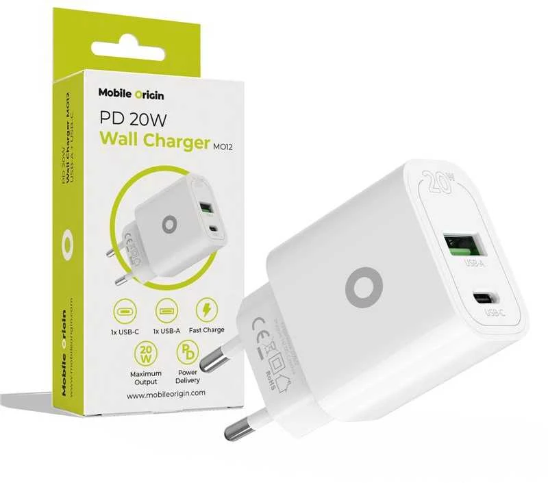 Mobile Origin PD20W sieninis įkroviklis MO12, 1 USB-A + 1 USB-C