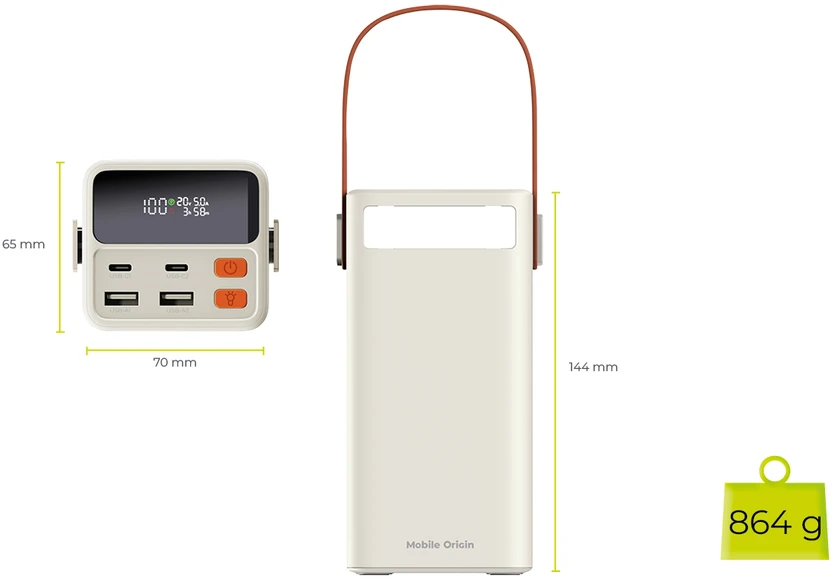 Mobile Origin PowerBank 65W PD 50000mAh su LCD ekranu ir žibintuvėliu PB18 – 2x USB-C + 2x USB-A