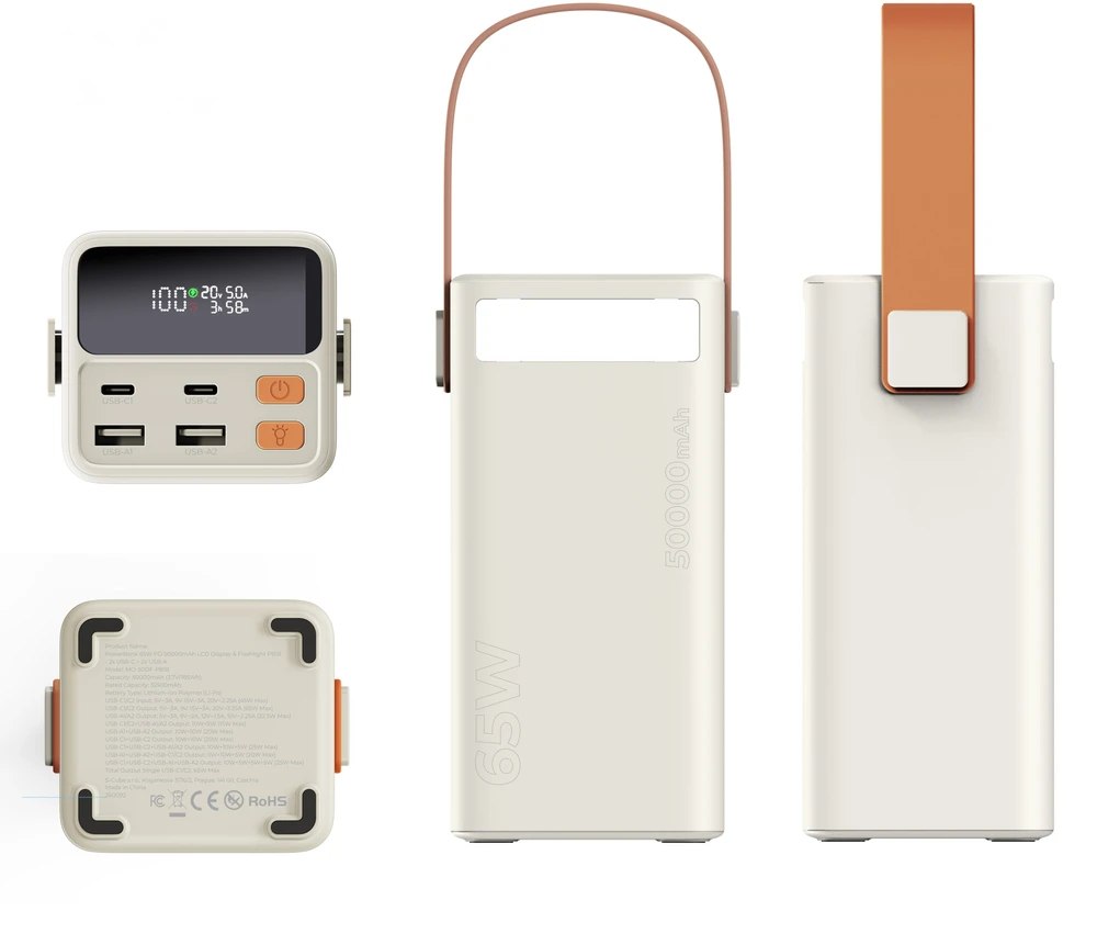 Mobile Origin PowerBank 65W PD 50000mAh su LCD ekranu ir žibintuvėliu PB18 – 2x USB-C + 2x USB-A