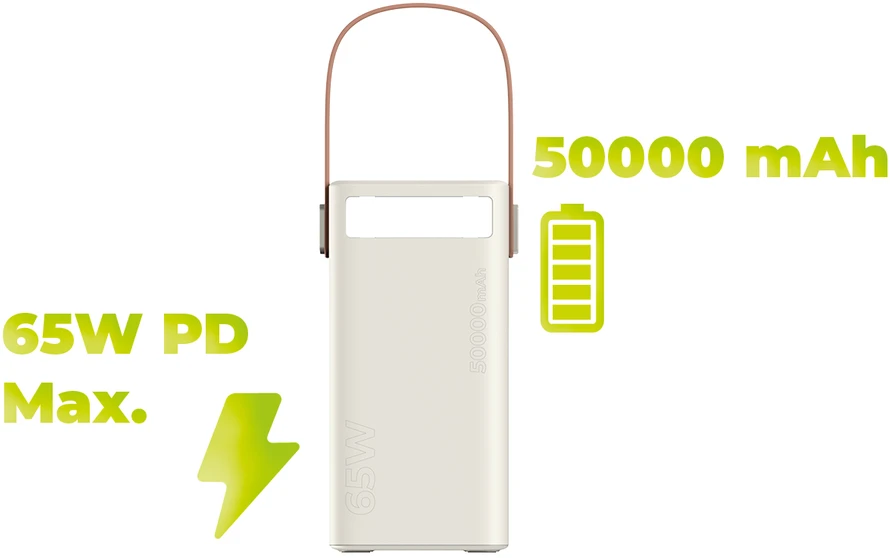Mobile Origin PowerBank 65W PD 50000mAh su LCD ekranu ir žibintuvėliu PB18 – 2x USB-C + 2x USB-A