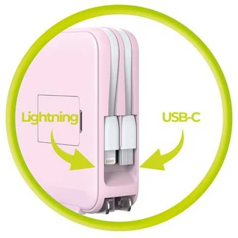 „Mobile Origin“ nešiojamoji baterija ir kelioninis įkroviklis, „Lightning“ / USB-C“ laidas, suderinamas su „MagSafe“ / „AW“ / „iPhone“, rožinis