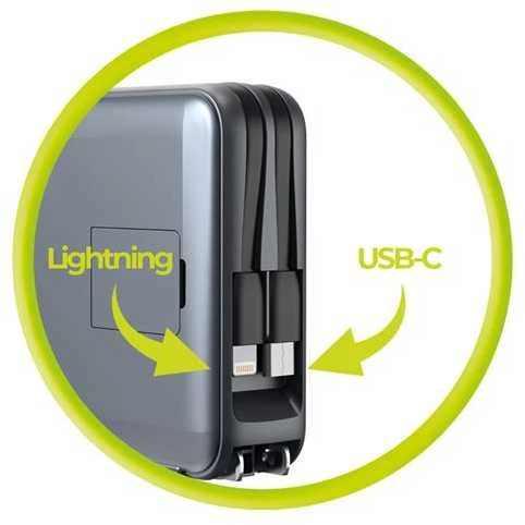 Mobile Origin nešiojamas įkroviklis ir kelioninis įkroviklis, „Lightning“ / USB-C laidas, suderinamas su „MagSafe“ / „AW“ / „iPhone“, pilkas