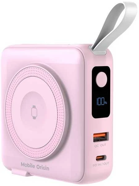 „Mobile Origin“ nešiojamoji baterija ir kelioninis įkroviklis, „Lightning“ / USB-C“ laidas, suderinamas su „MagSafe“ / „AW“ / „iPhone“, rožinis