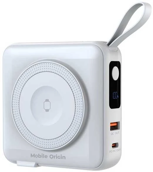 Mobile Origin nešiojamas įkroviklis ir kelioninis įkroviklis, „Lightning“ / USB-C laidas, suderinamas su „MagSafe“ / „AW“ / „iPhone“, baltas