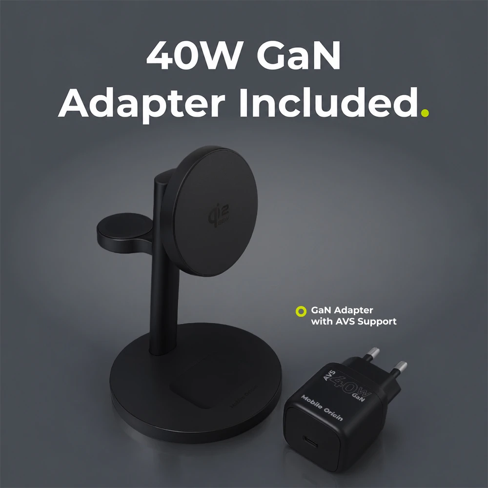 Mobile Origin Qi2 25W PowerStand Pro 3in1 su 40-60W AVS GaN įkrovikliu PW40 juodas