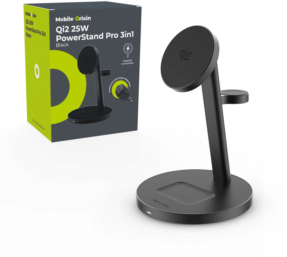 Mobile Origin Qi2 25W PowerStand Pro 3in1 su 40-60W AVS GaN įkrovikliu PW40 juodas