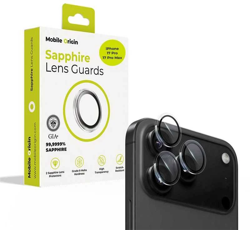 „Mobile Origin Sapphire“ objektyvo apsaugos, skaidrios – „iPhone 17 Pro / 17 Pro Max“