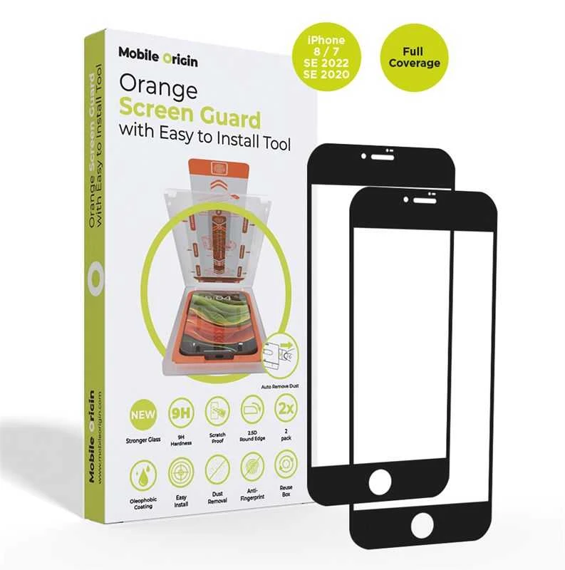 „Mobile Origin“ ekrano apsaugos iPhone 8 / 7 / SE 2022 / SE 2020 su lengvai aplikuojamais apsauginiais lipdukais, 2 vnt. pakuotėje.
