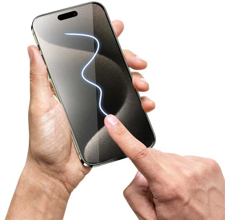 Apsauginis stiklas „Mobile Origin Privacy Screen Guard iPhone 15 Pro Max“ su lengvai aplikatoriumi, 2 vnt. pakuotėje