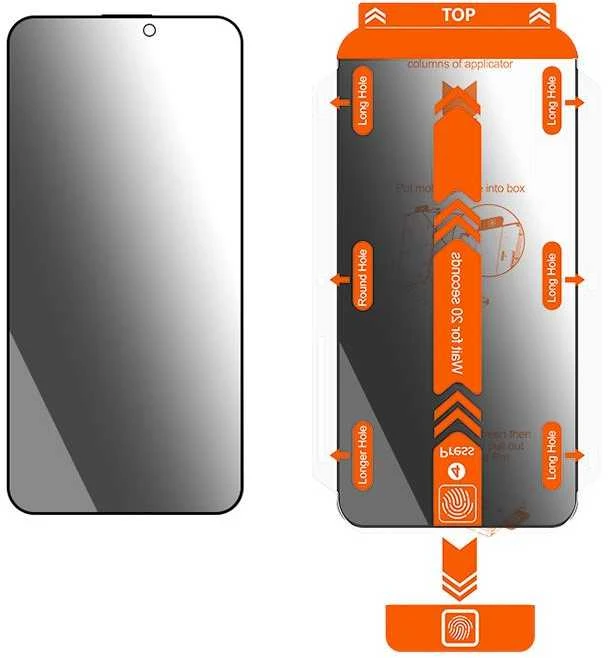 Apsauginis stiklas „Mobile Origin Privacy Screen Guard iPhone 15 Pro Max“ su lengvai aplikatoriumi, 2 vnt. pakuotėje