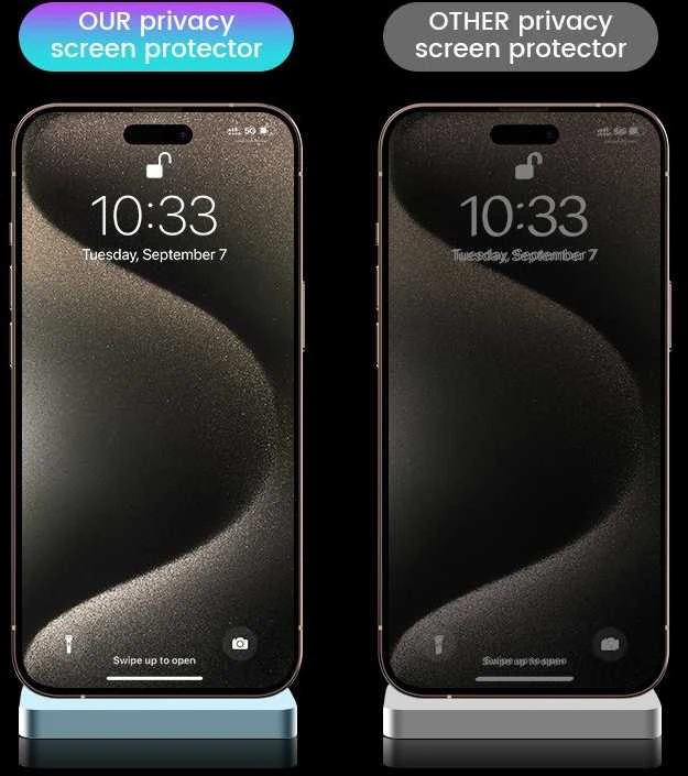 Apsauginis stiklas „Mobile Origin Privacy Screen Guard iPhone 15 Pro Max“ su lengvai aplikatoriumi, 2 vnt. pakuotėje