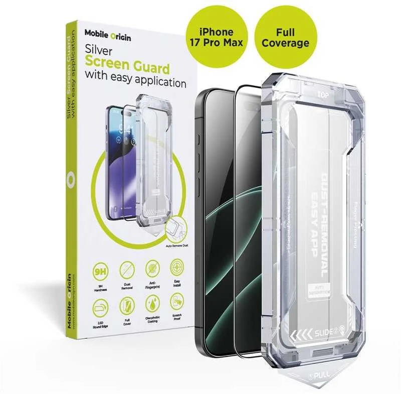 „Mobile Origin“ ekrano apsauga su paprastu uždėjimu, skirta „iPhone 17 Pro Max“.