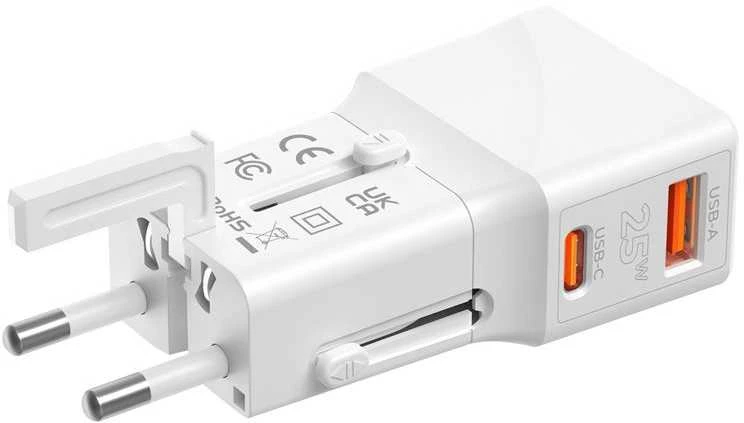 „Mobile Origin“ kelioninis adapteris 25 W, ES/JAV/JK/AU, baltas