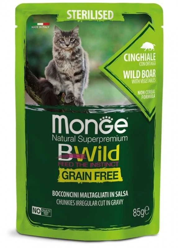 Monge BWild konservai pašaras sterelizuotoms katėms su šerniena ir daržovėmis padaže 85g
