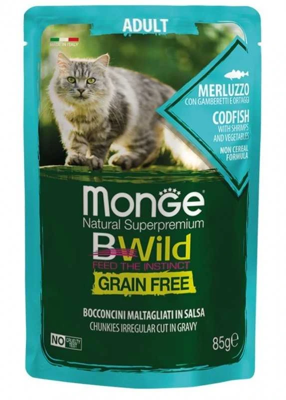 Monge BWild konservai pašaras su menke, krevetėmis ir daržovėmis padaže 85g