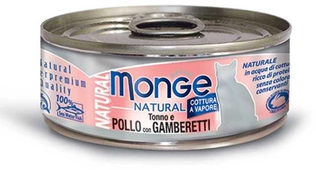 Monge kons.pašaras katėms su tuno, vištienos ir krevečių gabalėliais savo sultyse 80g
