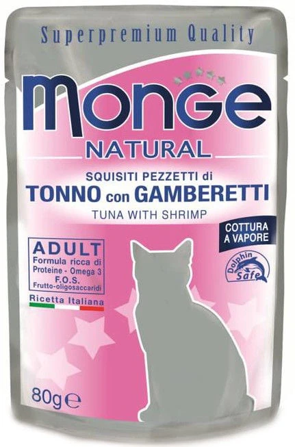 Monge Natural konservai pašaras suaugusioms katėms tuno kąsneliai su krevetėmis želėje 80g