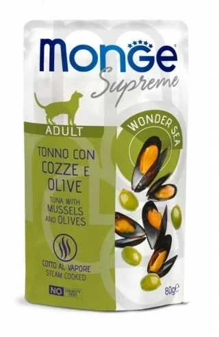 Monge SUPREME - Cat Wet Pouches su tunu, midijomis ir alyvuogėmis - suaugusioms katėms (80g)