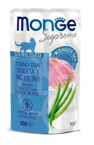 Monge SUPREME - Cat Wet Pouches su tunu, kefale ir šparaginėmis pupelėmis - sterilizuotoms katėms (80g)